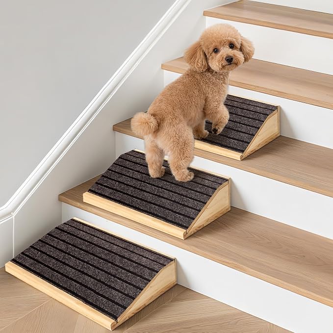 3-Pack Wooden Dog Ramp for Stairs, Anti-Slip Pet Steps for Small Dogs with Carpet Surface, Low-Angled Pet Ramps for Staircase, Steps and Stairs Assist for Injured & Aged Pets, Stairs Ramp for Dogs