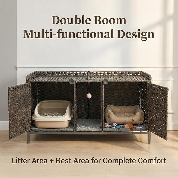 Cat Litter Box Enclosure Furniture, Handwoven Rattan Hidden Cat Washroom Cabinet with Door, Mat and S-Shaped Hooks, Large Cat House for Living Room or Bedroom, Gray