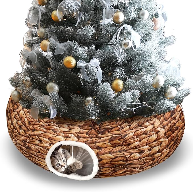 Soulchen Christmas Cat Tunnel Bed 3FT x 3FT x 9.8IN Indoor Cat Donut Tunnels Peekaboo Cave Toy 3 Way Winter Holiday Decor for Kitty Rabbit Ferret Puppy(Woven Brown)