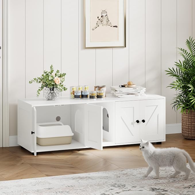 White Double Compartment Cat Litter Box Enclosure, Hidden Litter Box Furniture Cabinet for 2 Cats, Indoor Privacy Cat House, Stylish Pet Storage Cabinet