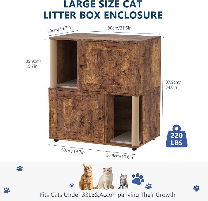 Cat Litter Box Enclosure, Two-Story Wooden Hidden Litter Box Furniture with Scratching Post, Multi-Level Cat Washroom Cabinet for 2 Cats, Reinforced Wood Frame & Ventilated Design for Small Apartment