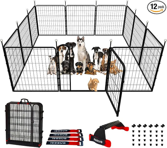 Dog Play Pen Indoors/Outdoor,32'' Portable Dog Fence with Easy-Carry Straps,12 Panels Dogs Pen Play Pen for Medium/Large Dogs,Rustproof Metal Pet Playpen for Camping RV Yard (with Two Doors)