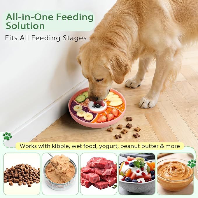 Silicone Dog & Cat Slow Feeder Bowl Lick Mat with Strong Suction Cups, Anti-Spill Design, Multi-Textured, Extend Mealtime, Reduce Anxiety, Dishwasher Safe, All Breeds & Ages (Pink)