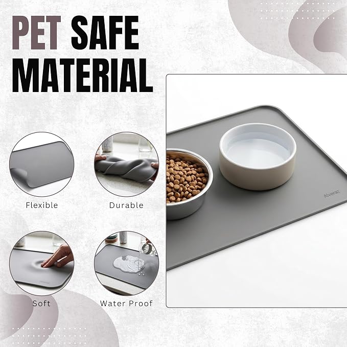 Silicone Pet Feeding Mat 2 Pack 19 x 12 Inch Waterproof Dog & Cat Food Mat with Raised Edge, Non Slip BPA Free Dog Bowl Mat for Food and Water Bowls, Spill Proof Floor Protector (Grey)