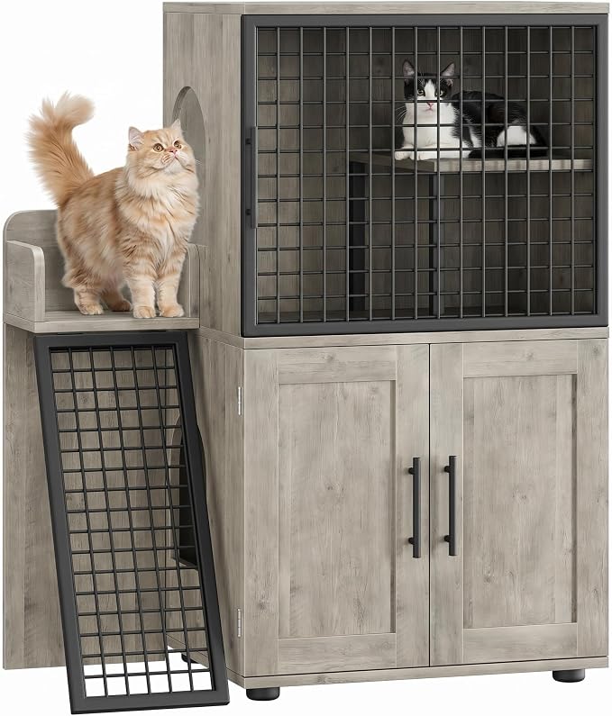 Hidden Cat Litter Box Furniture Enclosure with Climbing Ladder & Lounge Platform, Large Wooden Cat Washroom Cabinet & Indoor Cat Condo with Metal Frame, Dog Proof, 33.5" x 17.9" x 41.9", Grey