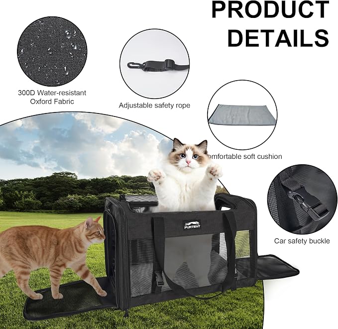 Soft Sided Cat Carrier for Large Cats, Pet Carrier for 2 Cats or Small Dogs Up to 25Lbs, Large Cat Carrier with Shoulder Strap, Cat Car Carrier with Safety Rope, Cat Carriers 20x13x13 inches, Black
