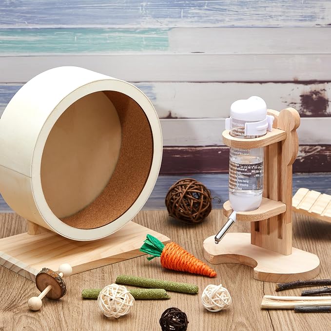 Silent Wooden Hamster Wheel with Cork Lining, 7.9 Inch Quiet Exercise Wheel for Dwarf Syrian Hamsters, Gerbils, Stable Small Animal Spinner Cage Accessories with Water Bottle Stand(S)