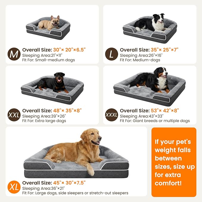 Orthopedic Jumbo Dog Bed for Giant Dogs, 48 x 35 Inch Waterproof Memory Foam XXL Dog Sofa Bed with Sides, Non-Slip & Washable Removable Cover, Dark Grey