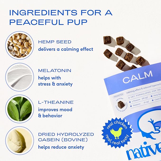 Native Pet Calming Chews for Dogs - Promotes Calming Effect, Supports Emotional Balance & Reduces Hyperactivity - Hemp Seed, Melatonin for Dogs, L-Theanine & Casein - Air-Dried 120 Chews