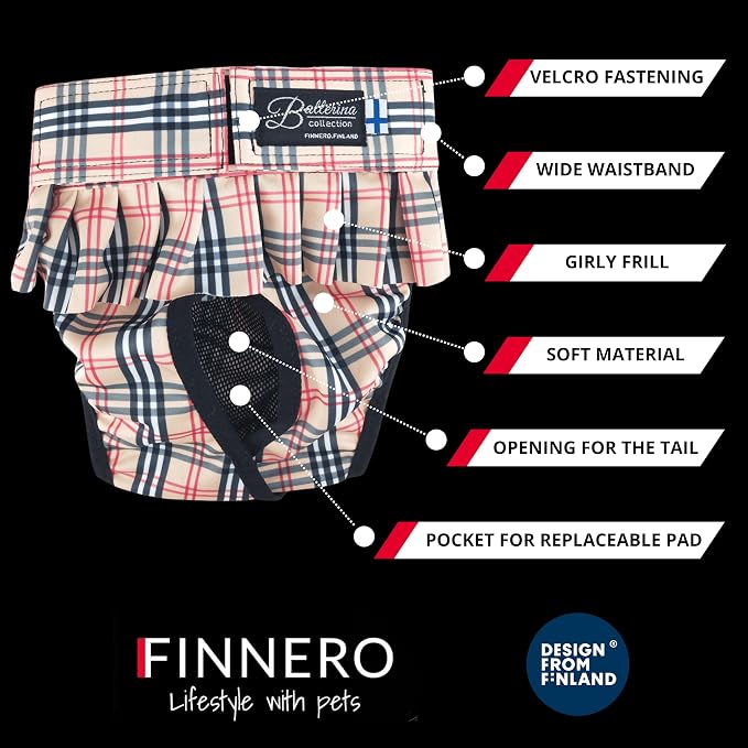 FINNERO Ballerina Dog Diaper – Washable, Reusable, Leak-Proof – Heat, Period & Urine Incontinence Protection – Comfortable, and Stylish Design – Adjustable Fit for Female Dogs – XL, Checkered