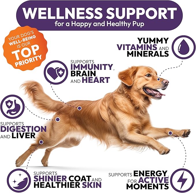 25-in-1 Dog Vitamins and Supplements - 250 Chews Dog Multivitamin Chewable with Glucosamine, Probiotics Omega 3 for Dogs Skin & Coat Hip & Joint Gut Brain Immune Support - Senior & Puppy Multivitamin