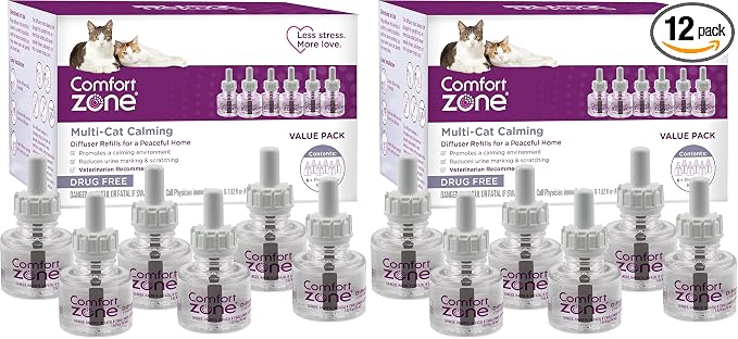 Comfort Zone Multi Cat Calming Diffuser Refill–Pheromone Refills Help Reduce Anxiety, Stress, Scratching, Urine Marking, Multi-Cat Aggression,(30-Day Refills, 1 Year Supply)(Pack of 12)