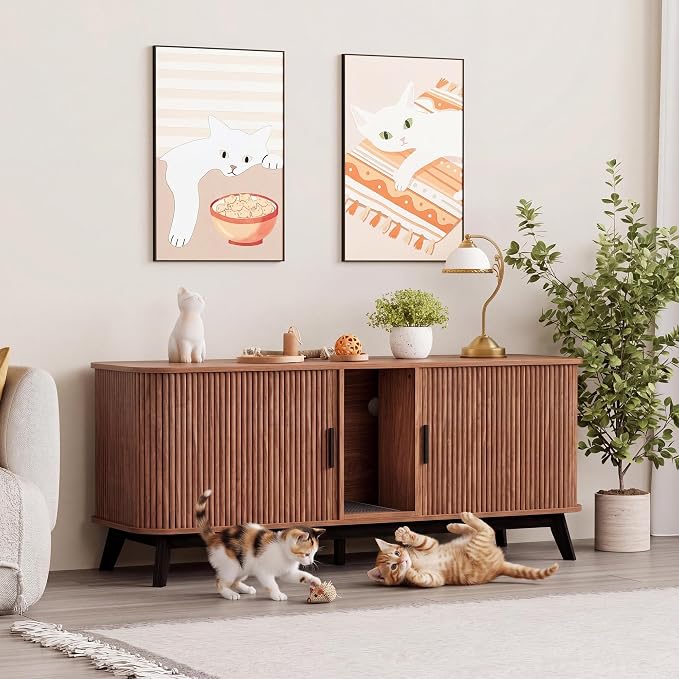 Garvee Cat Litter Box Enclosure for 2 Cats, 59" Hidden Litter Boxes Furniture with Sliding Door and Cat Litter Mat, Large Indoor Pet House, Wooden TV Stand Side Table, Walnut