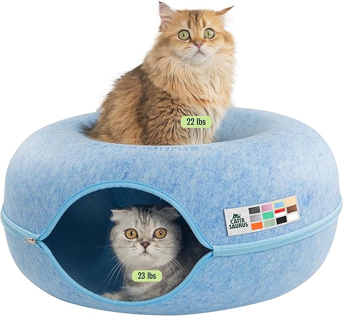 Cattasaurus Peekaboo Cat Cave Donut for Multiple & Large Cats up to 30-45 lbs, 3-in-1 Self Warming Cat Bed, Tunnel & Scratcher for Indoor Cats, Washable & Detachable Small Dog Bed (Blue, Large)