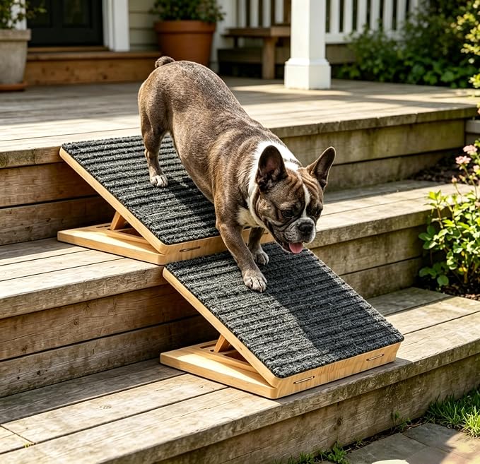 2-Pack Dog Ramp for Stairs, 4 Adjustable Heights (4"-7") Solid Wooden Pet Steps with Anti-Slip Grip & Corner Pads – Senior-Friendly No-Tool Dog Stairs for Bed, Couch & Stairway