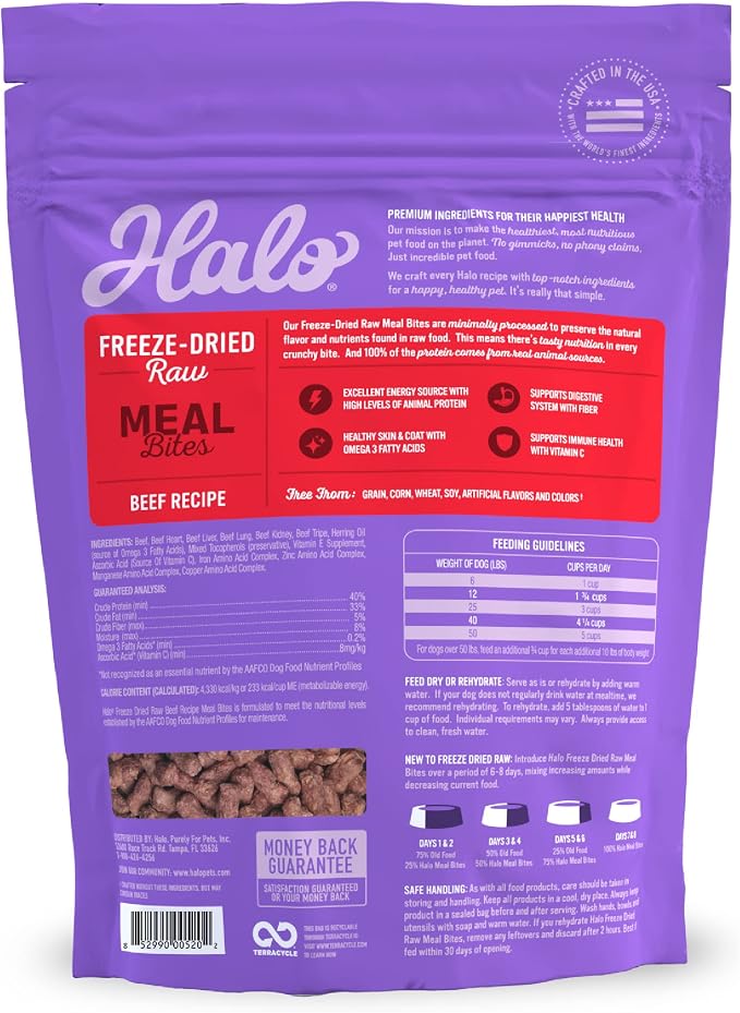 Halo Freeze-Dried Raw Dog Food, Beef Recipe Meal Bites, Grain Free Real Meat Nutrition & Natural Energy, 100% Animal Protein Source for Adult Dogs, 14 oz Bag