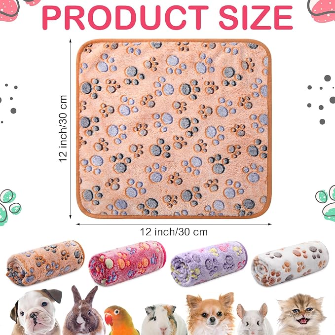 Tudomro 8 Pcs Absorbent Guinea Pig Blankets Washable Small Animal Fleece Bedding Cage Liners Reusable Pet Sleep Mat Pad Cover for Ferret Chinchilla Furniture Protection(Paw,12 x 12 Inch)