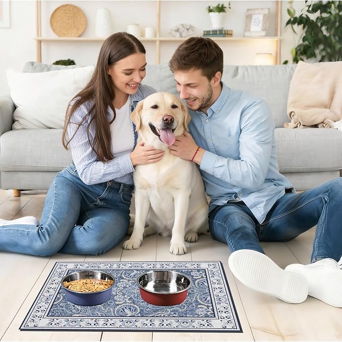 Blue Floral Pet Feeding Mat, Absorbent Dog/Cat Food Mat for Food and Water Bowl, Non-Slip Quick Dry Pet Placemat Floor Protector for Messy Drinkers(16 x 24 in)