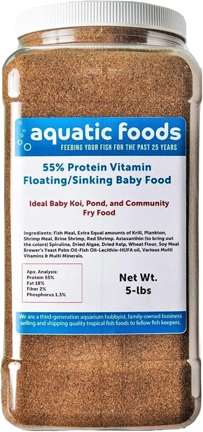 55% Protein Vitamin Rich Micro Floating/Slow Sinking Baby & Fry Food for Koi Fish & Pond Fish, All Aquarium Tropical Fish - 5-lb Large Jar