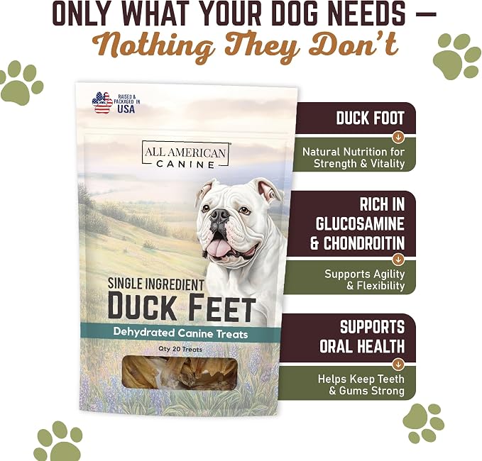 All American Canine 20 Natural Duck Feet Dog Treats – Single Ingredient, Dehydrated & Digestible – Crunchy, Low-Fat, High-Protein Chew for Joint Support & Dental Health – Made in USA