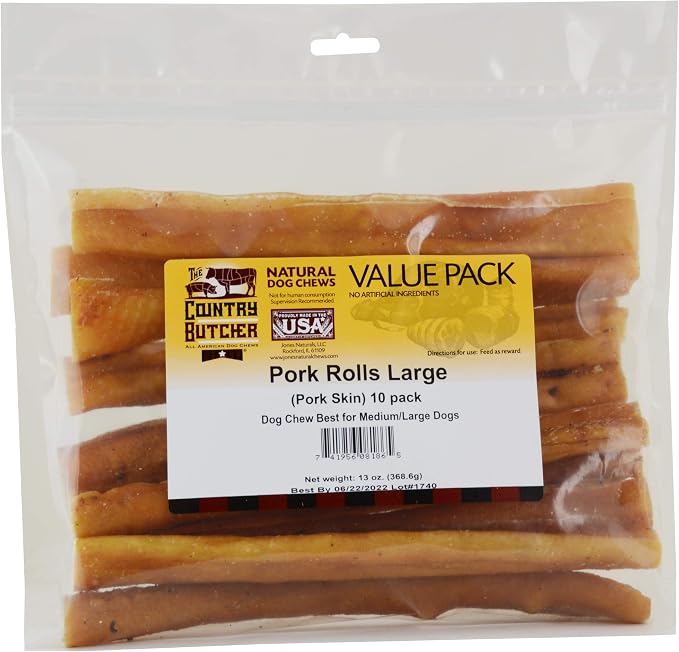 THE COUNTRY BUTCHER Pork Roll Dog Chews for Large Breed Dogs, Natural, Dental Treat, Made in the USA, 10 Count - Rawhide Free, No Bones