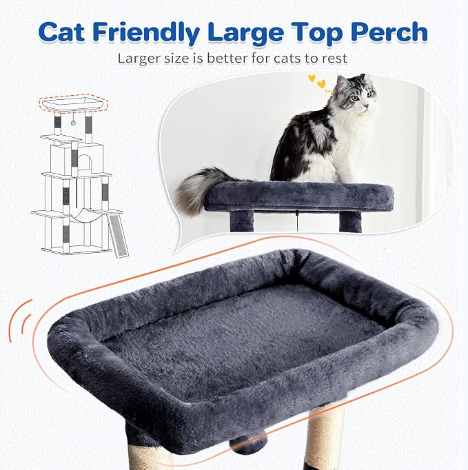ABCPET Cat Tree Tower 63in Multi-Level Cat Tower for Indoor Cats with Sisal Scratching Posts, Condo, Hammock, Dangling Ball and Extended Platform for Cats to Play, Dark Grey