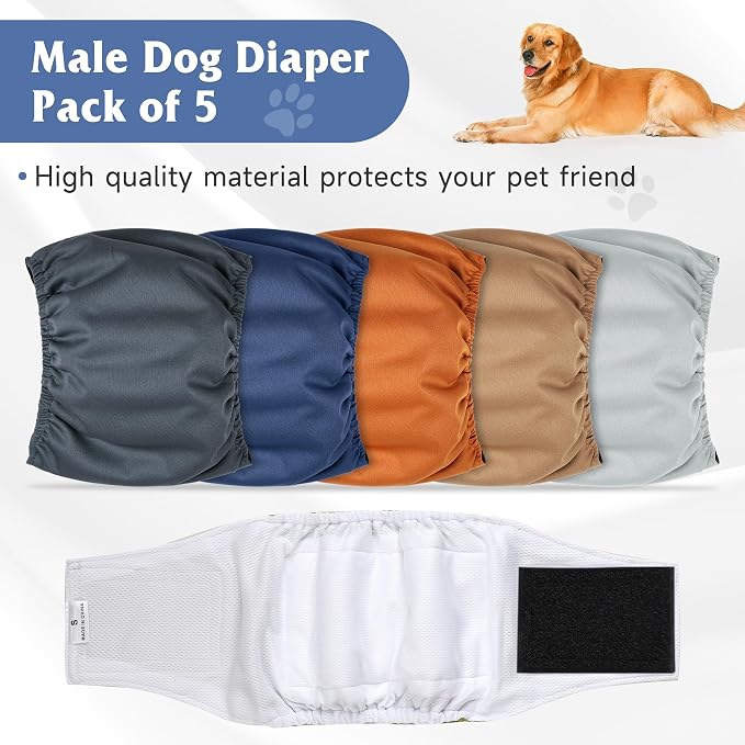 5 Pack Dog Diapers Male, High Absorbing Dog Wraps, Belly Bands for Male Dogs with Incontinence or Frequent Urination, Washable Doggie Diapers Brown XL