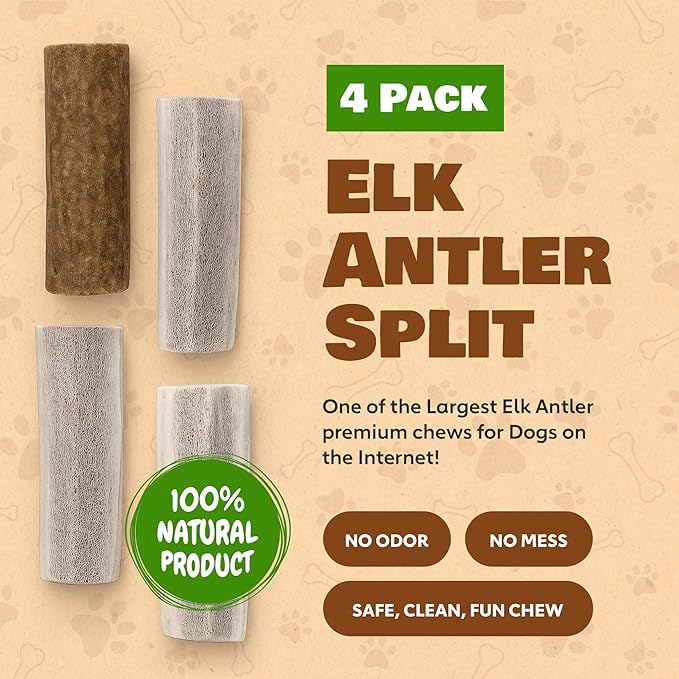 Extra Small 4 Pack (Splits) All Natural Premium Grade A. Elk Antler Chew. Naturally Shed, Hand-Picked, and Made in The USA. NO Odor, NO Mess. GUARENTEED SATISIFACTION. for Dogs 10-20 lbs