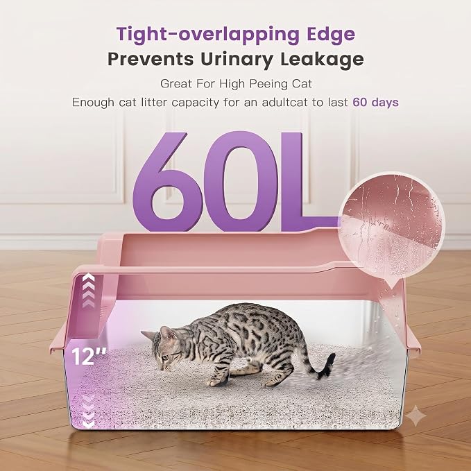 XXL Stainless Steel Cat Litter Box with Lid, 26" L x 18" W x 12" H Metal Litter Box with Hight Sides for Big Cats & Multiple Cats, Never Absorbs Odors, Anti-Urine Leakage, Easy Cleanin(Pink)