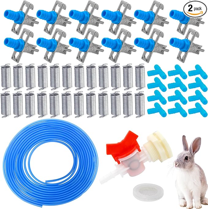 Upgrade Automatic Rabbit Watering Kit Include 12 Nipple Drinker Feeders, 32 Feet Odorless ID 5/16" Hose, Barb Fittings to G1/2" Thread Connector, Rabbit Nipples, Watering System Bucket Connector