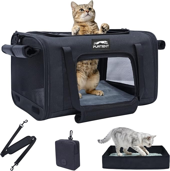17x11x9.5 Pet Carrier Airline Approved, Cat Carrier with Litter Box, Soft Sided Cat Dog Carrier Up to 15 lbs, Breathable Travel Pet Carrier with Calming Curtain, Storage Bag & Poop Dispenser, Black