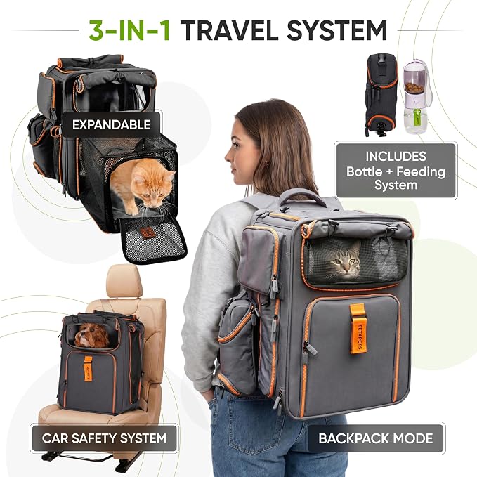 Premium Expandable Cat Carrier Backpack with Car Seat Belt Safety System – Rigid Frame Pet Carrier Backpack for Cats & Small Dogs up to 25 lbs – Breathable, Durable – Includes Bottle & Feeding Bowl