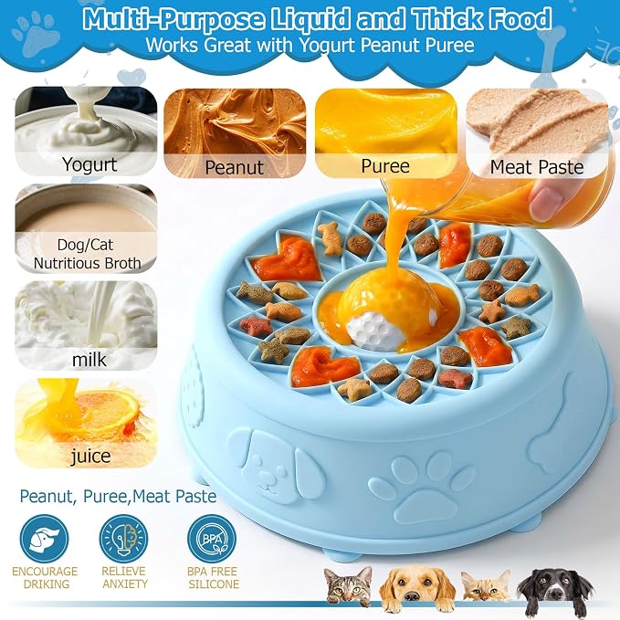 Dog Slow Feeder Lick Bowl with Rolling Ball for Liquid Treats, 2-in-1 Anti-Slip Silicone Dog Licking Bowl for Bone Broth with Suction Cup, Enrichment Lick Sphere Toy for Large Medium Dogs Cats (Blue)