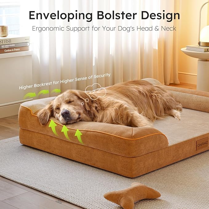 CWAWZ Dog Beds for Large Dogs, Orthopedic Dog Bed with Cooling Gel Memory Foam, Waterproof Large Pet Bed with Removable Washable Cover, 36" Pet Sofa Couch Dutch Velvet with Bone Toy, Brown