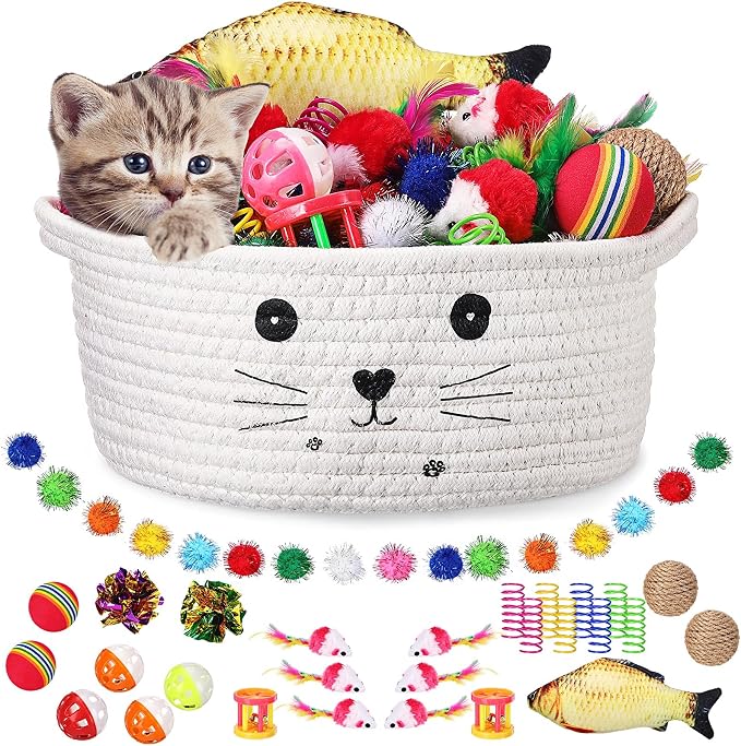 Zopeal 58 Pcs Summer Graduation Cat Storage Basket Gift Toys Set, Colorful Flashing Balls Pet Bell Crinkle Balls Spring Toys Attract Cat to Swat, Hunt, Interactive for Pet(White,9.8 Inch)