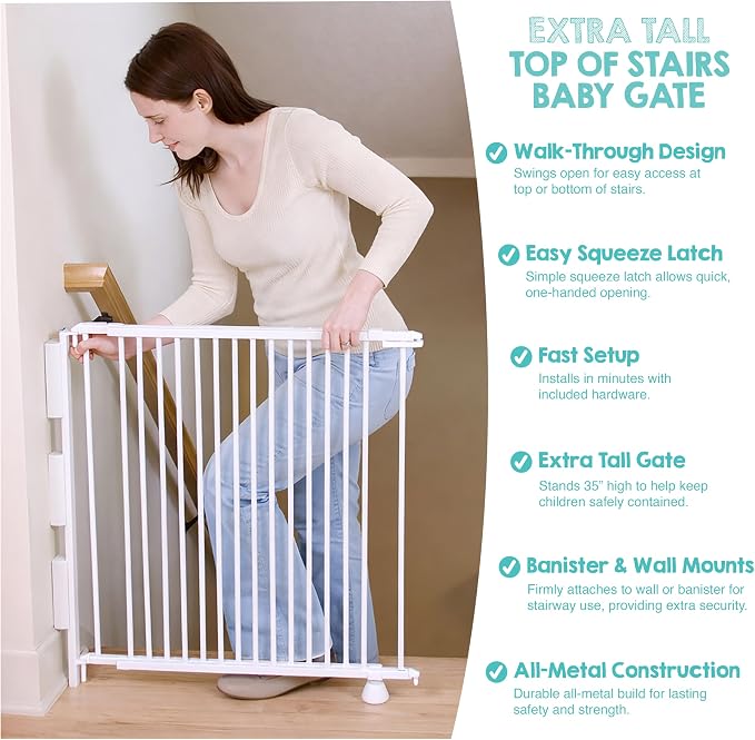 Regalo Safety 35" Extra Tall Baby Gate for Stairs, Hardware Mounted Wide Stair Gate, Fits 34"–55" Openings, Includes Wall & Banister Mounting Kit, White