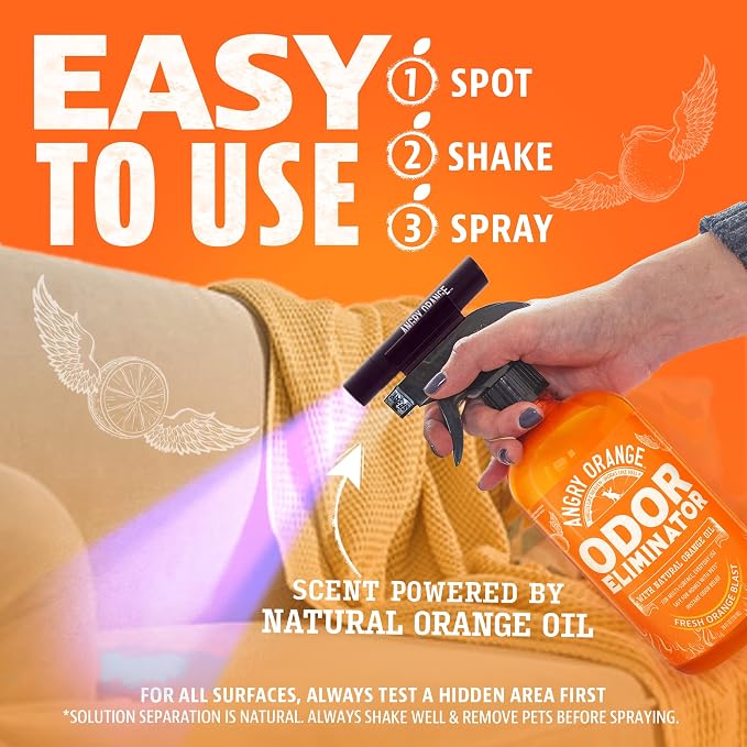 ANGRY ORANGE Pet Odor Eliminator Kit for Dog/Cat Urine, 24oz Citrus Odor Eliminator Spray and Stain Sniper Flashlight - Citrus Scent