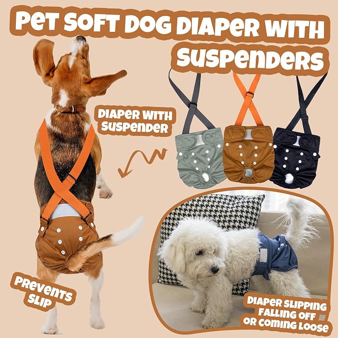 Pet Soft Dog Diapers Female with Suspenders, 3 Pack Reusable Female Dog Diapers for Heat, Dog Period Panties for Doggie in Cycle(Medium, Deepcolor)