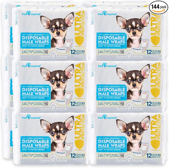Paw Inspired Disposable Male Dog Wraps, Belly Band for Dogs | Disposable Dog Diapers | Belly Bands for Male Dogs (144 Count, X-Small)