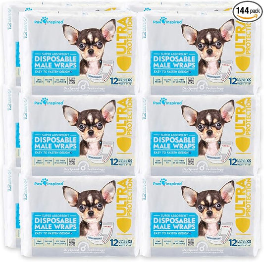 Paw Inspired Disposable Male Dog Wraps, Belly Band for Dogs | Disposable Dog Diapers | Belly Bands for Male Dogs (144 Count, X-Small)