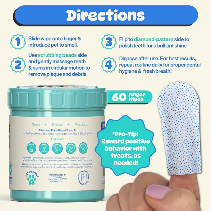 All-in-1 Dog Teeth Cleaning Wipes | Enzymatic Whitening + Micro Scrubbing Beads | Pet Dental Wipes & Finger Tooth Brushing Kit | Plant-Based Dental Care for Cats & Dogs (60 Count)
