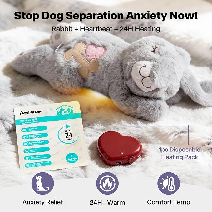 PetPrime Dog Plush Toy with Heartbeat for Puppies – Rechargeable with Timer & Adjustable Speed, Pet Soft Anxiety Puppy Toy,Includes 1 Disposable Heat Pack(Rabbit)