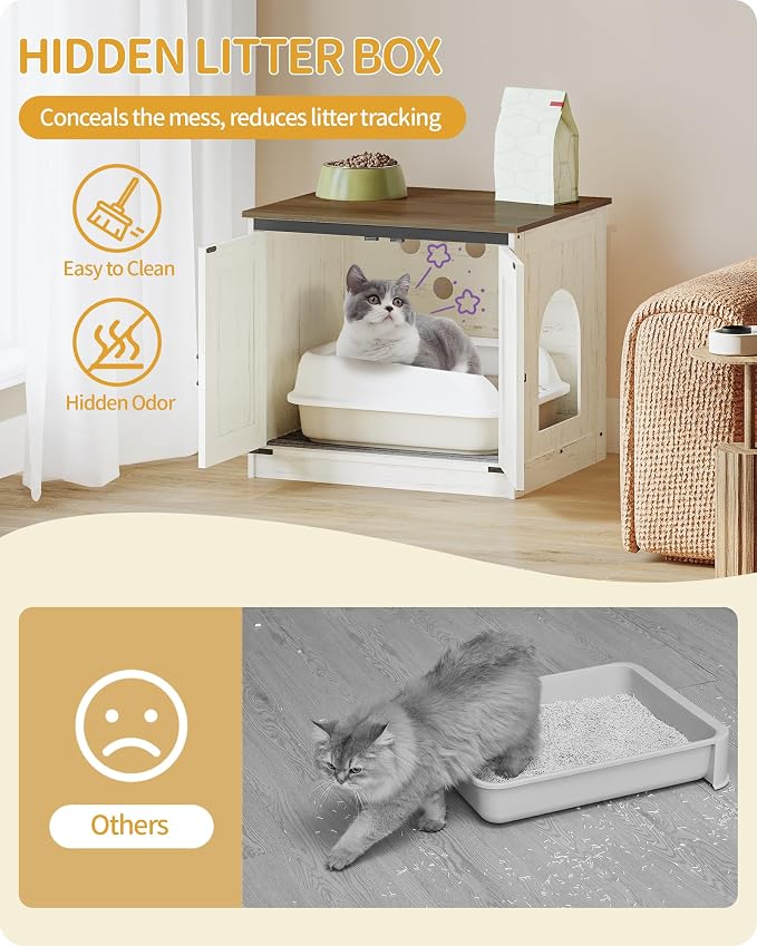 Hzuaneri Cat Litter Box Enclosure, Hidden Litter Box Furniture with Removable Dividers, Reversible Entrance Left or Right Side, Cat House, Rustic White and Brown CB84514X