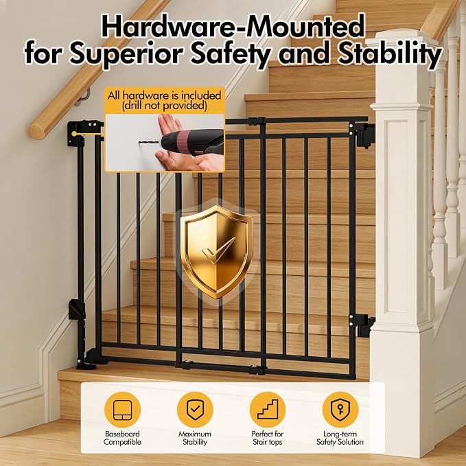 Baby Gate for Stairs & Doorways - Fits Openings 26 to 43 Inches Wide (Must Drill to Install) | 29" Extra Tall with No Bottom Bar | One-Handed Auto-Close Walk-Thru Gate for Kids & Pets, Black