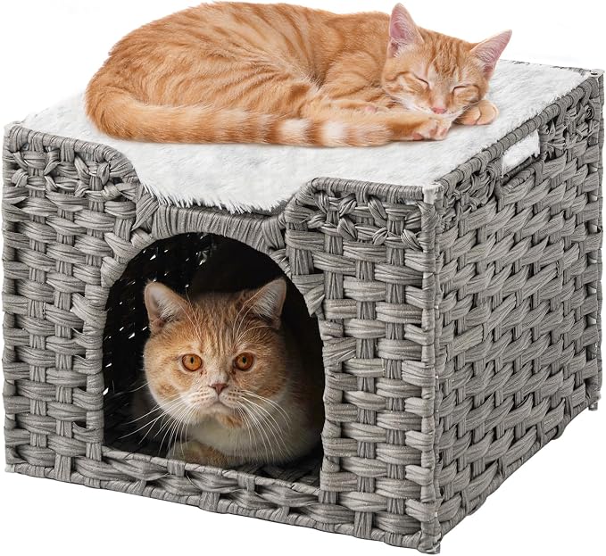 SETVSON Cat Beds Indoor Kitten House, Handwoven Rattan Cat Cave Pet Cube, One Bed Mat, Foldable, Hideaway, 16.5x16.5x13.2 Inches, 2 S-Shaped Hooks in Living Room Bedroom Gray