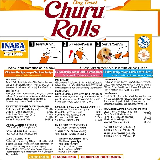 INABA Churu Rolls for Dogs, Grain-Free, Soft/Chewy Baked Chicken Wrapped Churu Filled Dog Treats, 0.42 Ounces Each Stick (8 Sticks per Pack), 3 Flavor Variety Pack (48 Sticks)