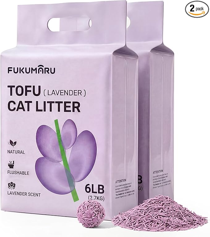 FUKUMARU Tofu Cat Litter, 12lb - Lavender Scent, Firm Clumping, Natural Odor Control, Low Dust, Flushable Plant-Based Pellets for Cats, 6lb x 2 Bags