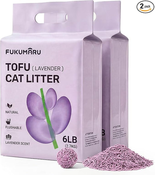 FUKUMARU Tofu Cat Litter, 12lb - Lavender Scent, Firm Clumping, Natural Odor Control, Low Dust, Flushable Plant-Based Pellets for Cats, 6lb x 2 Bags