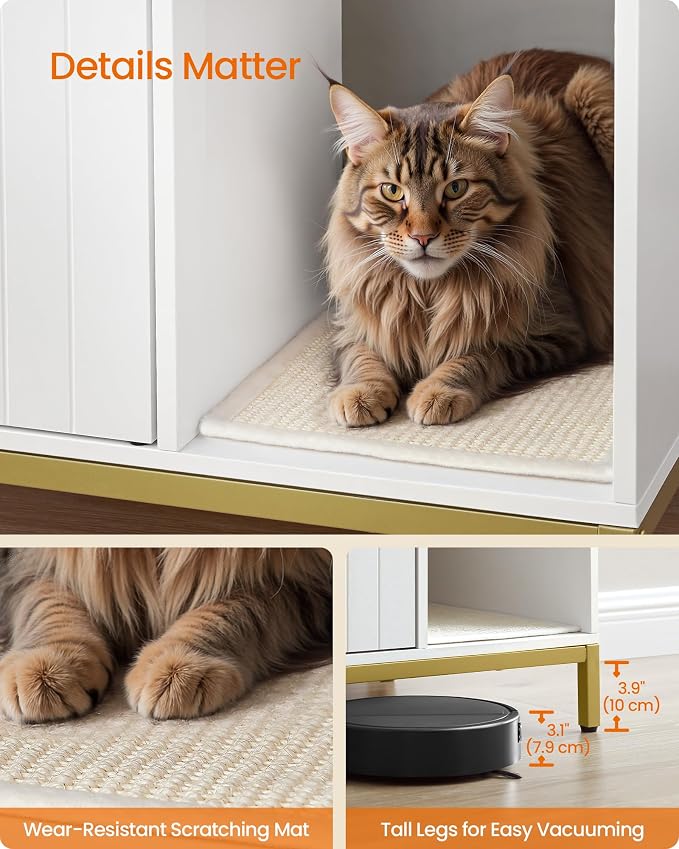 Feandrea Cat Litter Box Enclosure, Hidden Litter Box Furniture with Scratch Pad, Front Entry, Double Cabinet Doors, Modern Style, 35.4" Cat House Washroom Side End Table, White and Gold