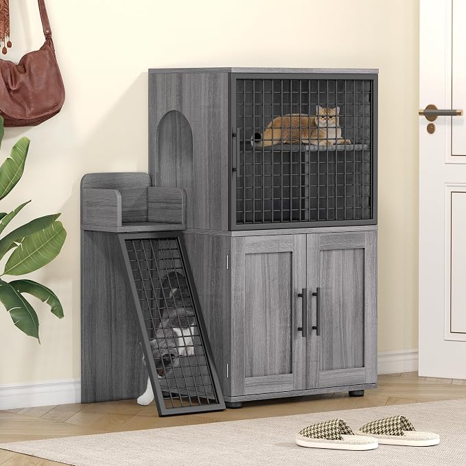 Cat Litter Box Enclosure Furniture with Double Layer Design, Hidden Litter Box & Lounge Villa for Indoor Cats - Includes Ladder, Platform, and Washroom Space for Living Room, Wax Wood